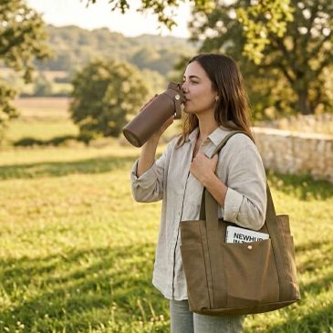 Woman drinking from a reusable bottle outdoors with a tote bag.