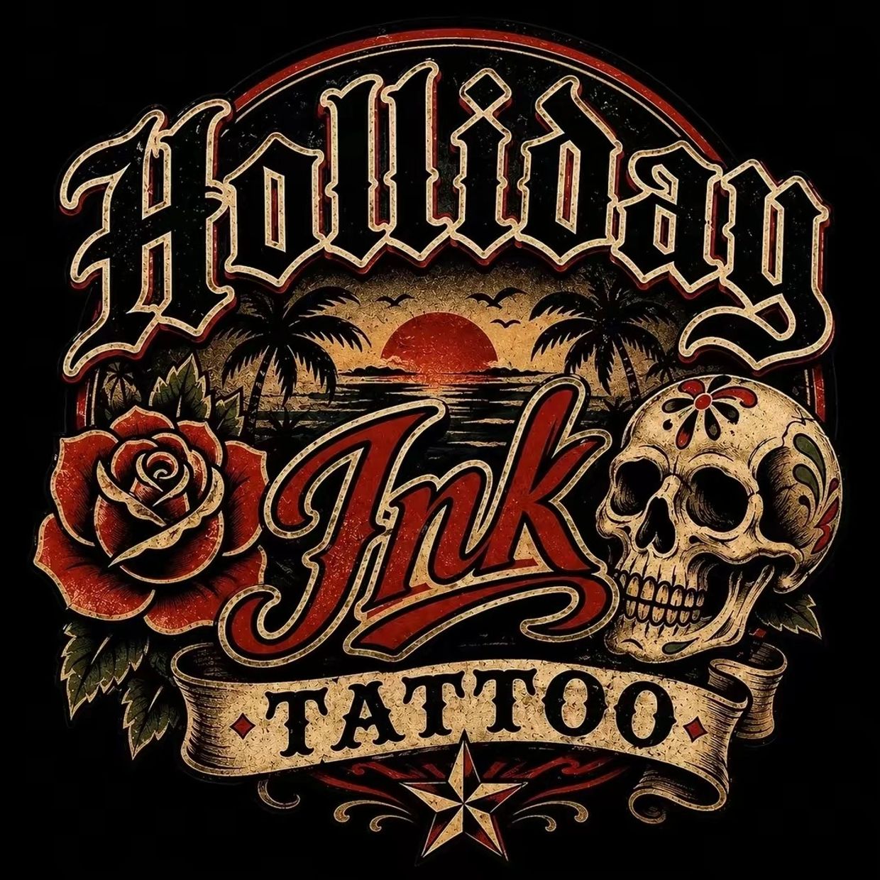 Tattoo design with rose, skull, and sunset.