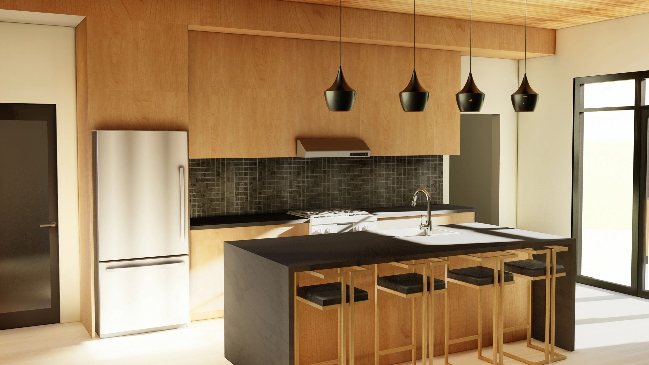 Modern longhouse kitchen with vertical grain douglas fir cabinets and black countertops and