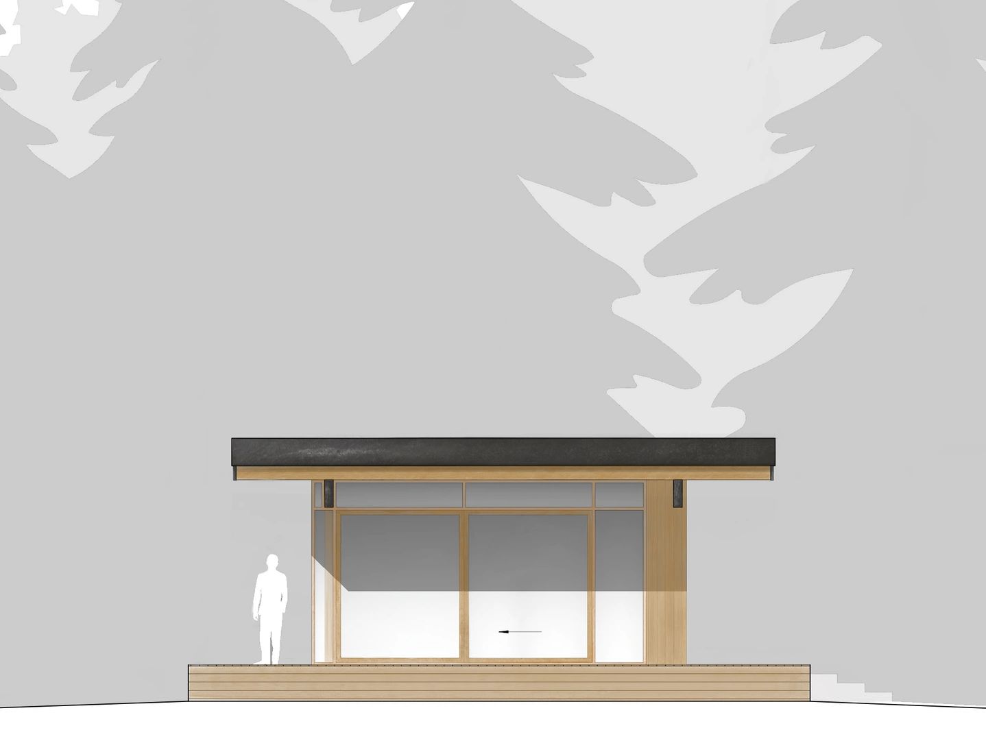 East elevation of the modern cabin with a flat roof, large glass doors, and exposed framing.