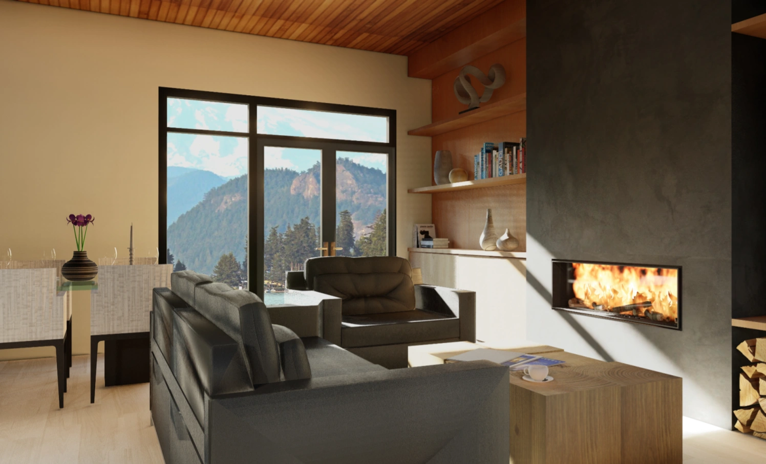 Living room of the northwest modern longhouse design with fireplace and views outwards