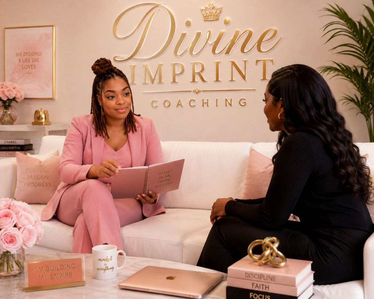 Two women having a coaching session on a white couch.