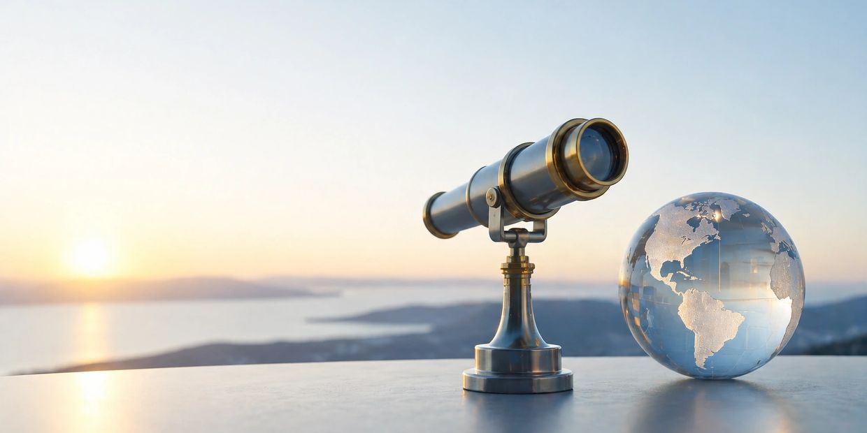 A telescope and a glass globe on a surface with a sunset background.