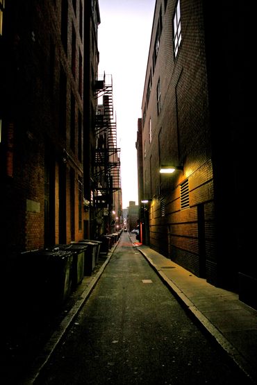 Christopher LeClaire Photography. Boston Mass Night Alley. Street alley way. City night alley. Dark.