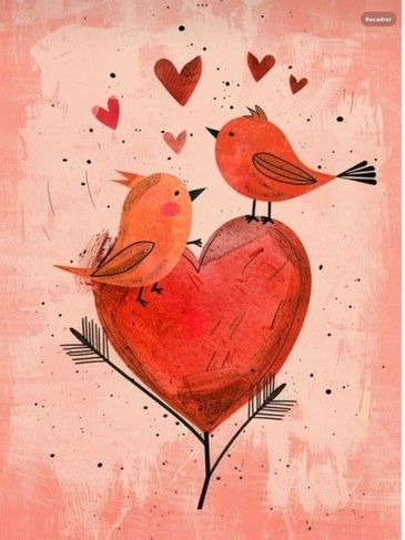Two birds perched on a heart-shaped branch surrounded by love hearts.