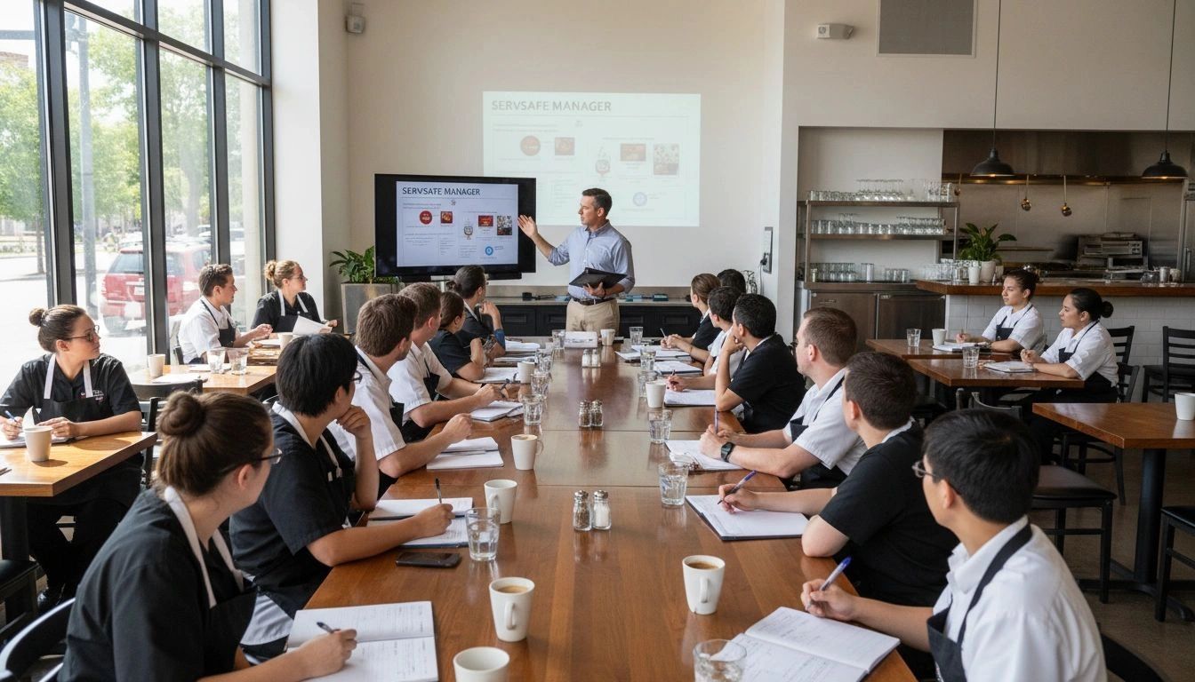 Restaurant staff attending a training session with a presenter and presentation screen.
