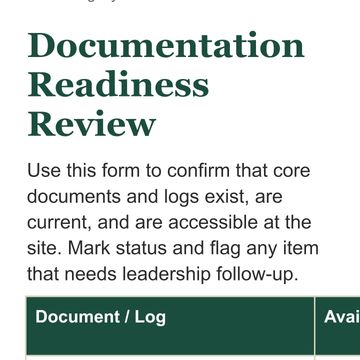 Form titled 'Documentation Readiness Review' for confirming document status and accessibility.