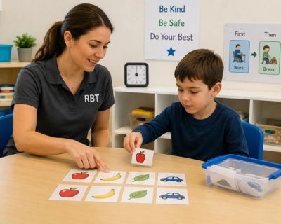 Therapist and child matching picture cards in a learning session.