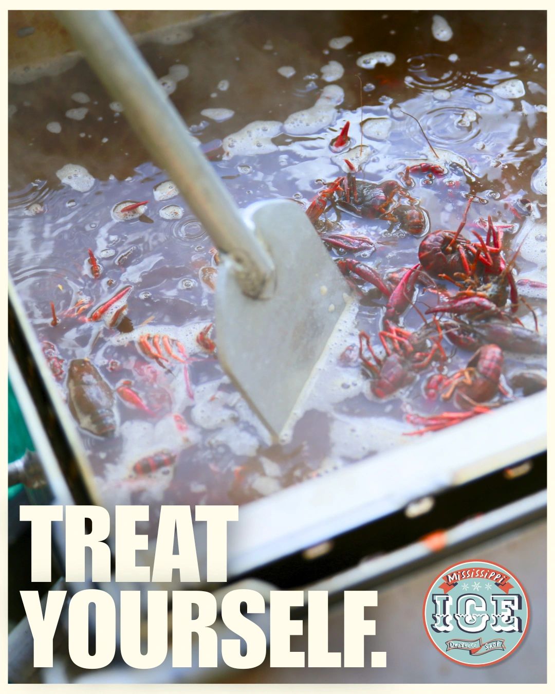 Boiling crawfish in a pot with a spatula, captioned 'Treat Yourself.'