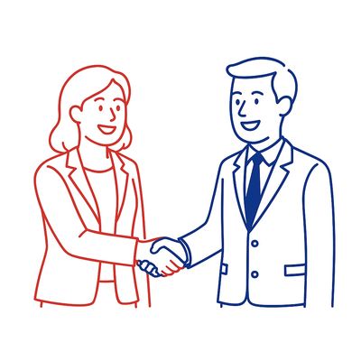 Line drawing of a man and woman shaking hands, symbolizing agreement.