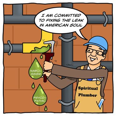 An illustration of Jon Myers as a spiritual plumber fixing the leaks in the American Soul.