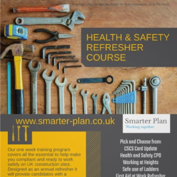 Tools arranged around a Health & Safety Refresher Course announcement.