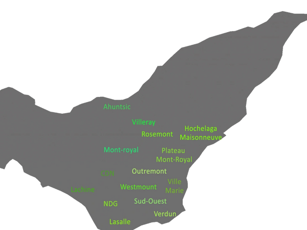 Une carte de l'île de Montréal montrant les quartiers où nous œuvrons