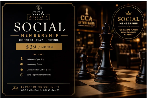 Chess club social membership for $29/month with events and refreshments.