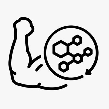 Muscle icon with molecular structure symbol.