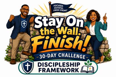 Illustration promoting a 30-day discipleship challenge with motivated people and encouraging text.