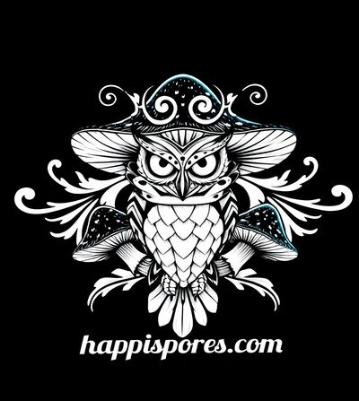 Intricate black and white owl illustration with mushroom hat and wings on black background.