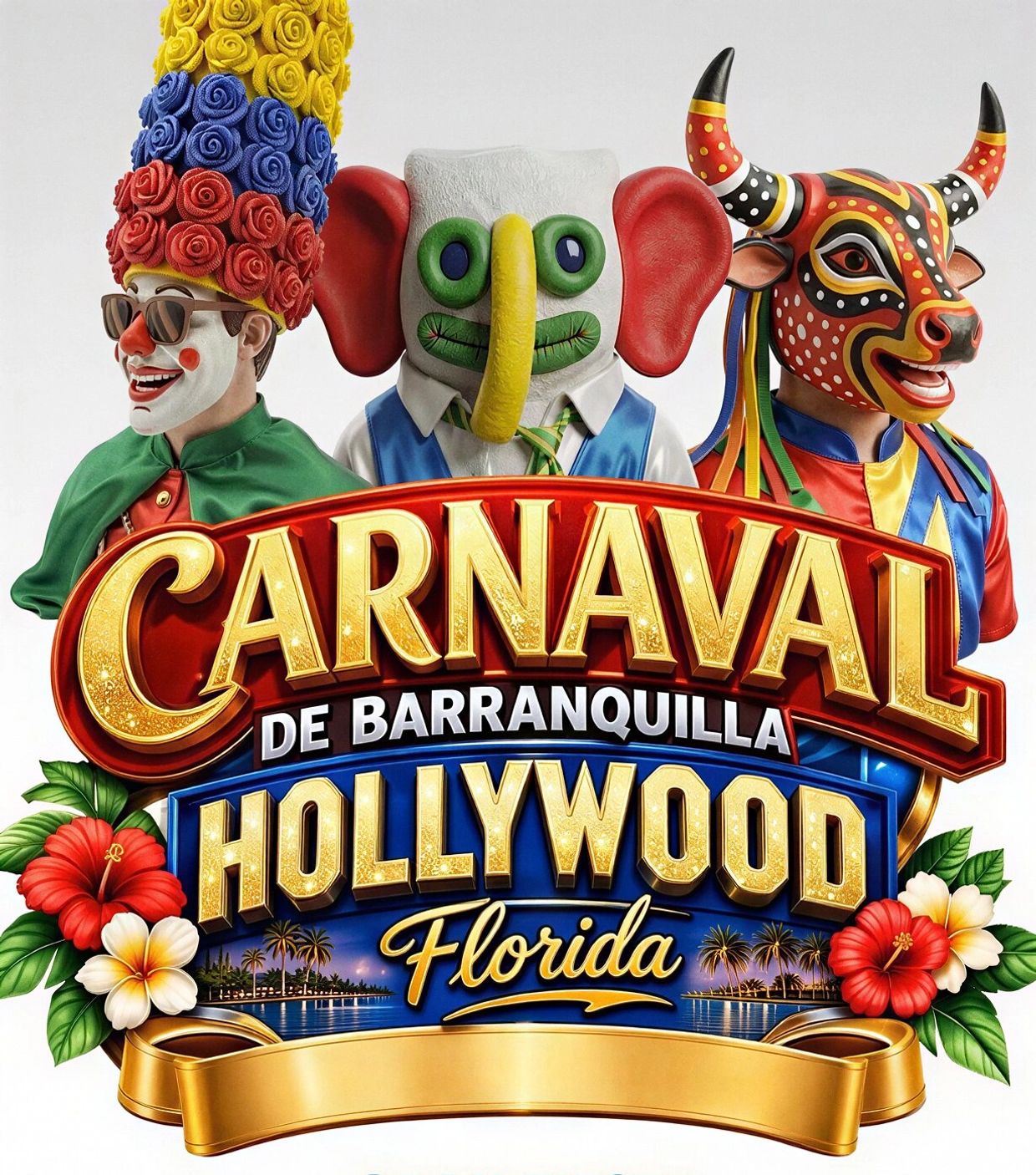 Colorful characters and bold text promoting Carnaval de Barranquilla in Hollywood, Florida.