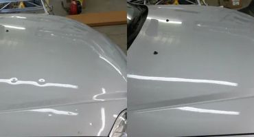 Comparison of a car hood before and after dent repair, showing smooth surface restoration.
