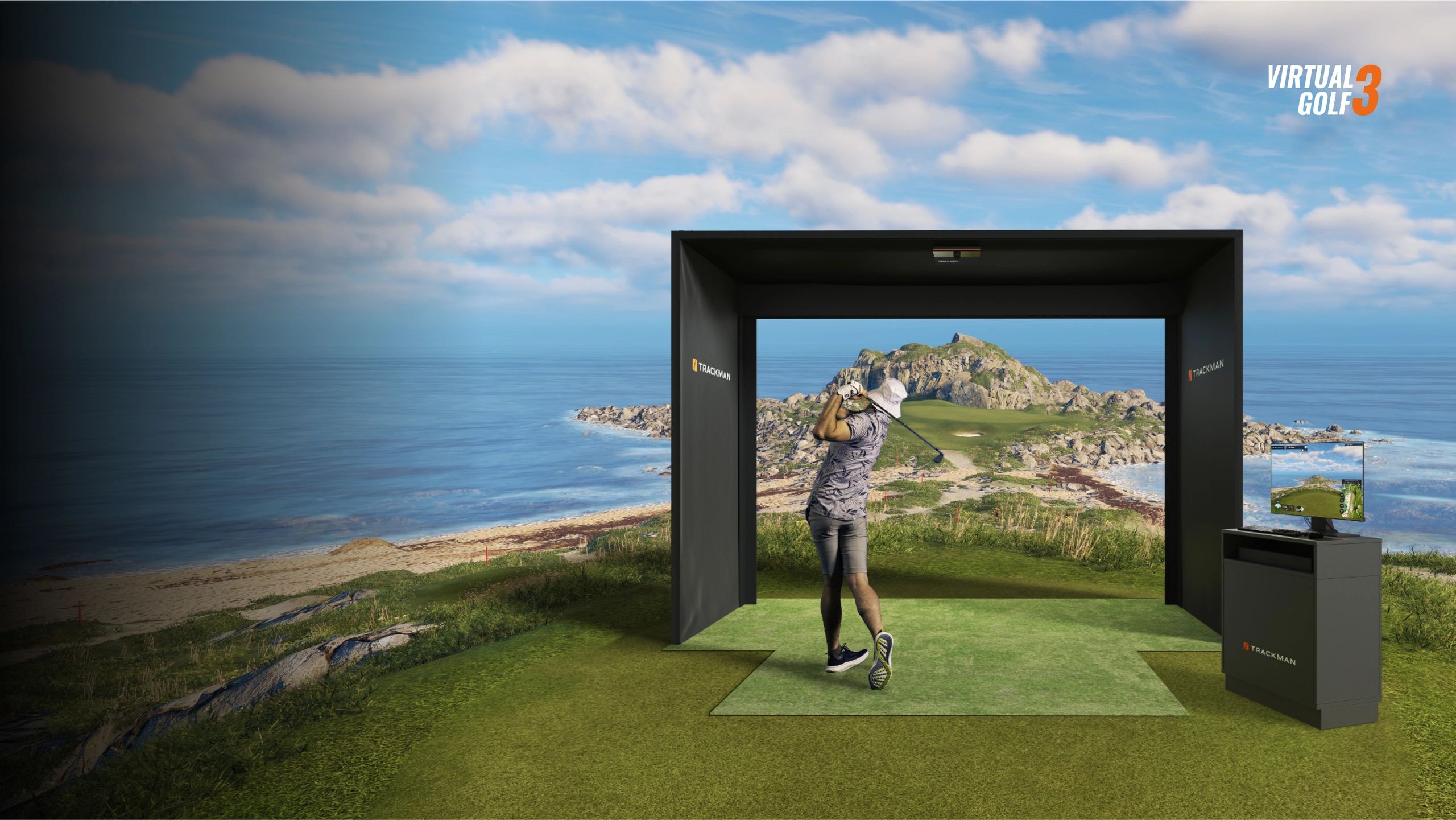 A person playing golf in a virtual golf simulator setup by the ocean.