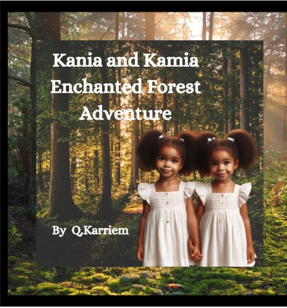 Two young girls in white dresses in an enchanted forest setting.