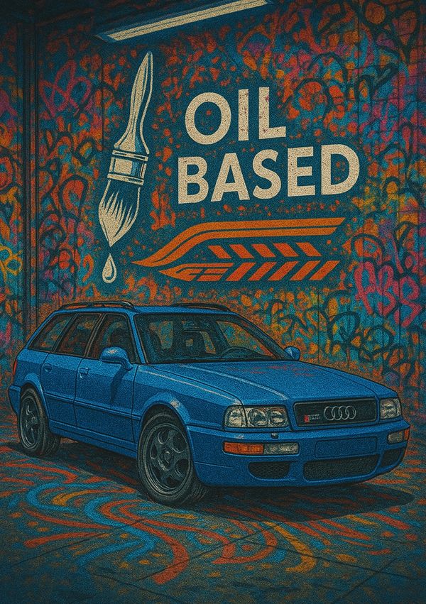 Blue Audi wagon parked in front of a colorful graffiti wall with 'OIL BASED' text.