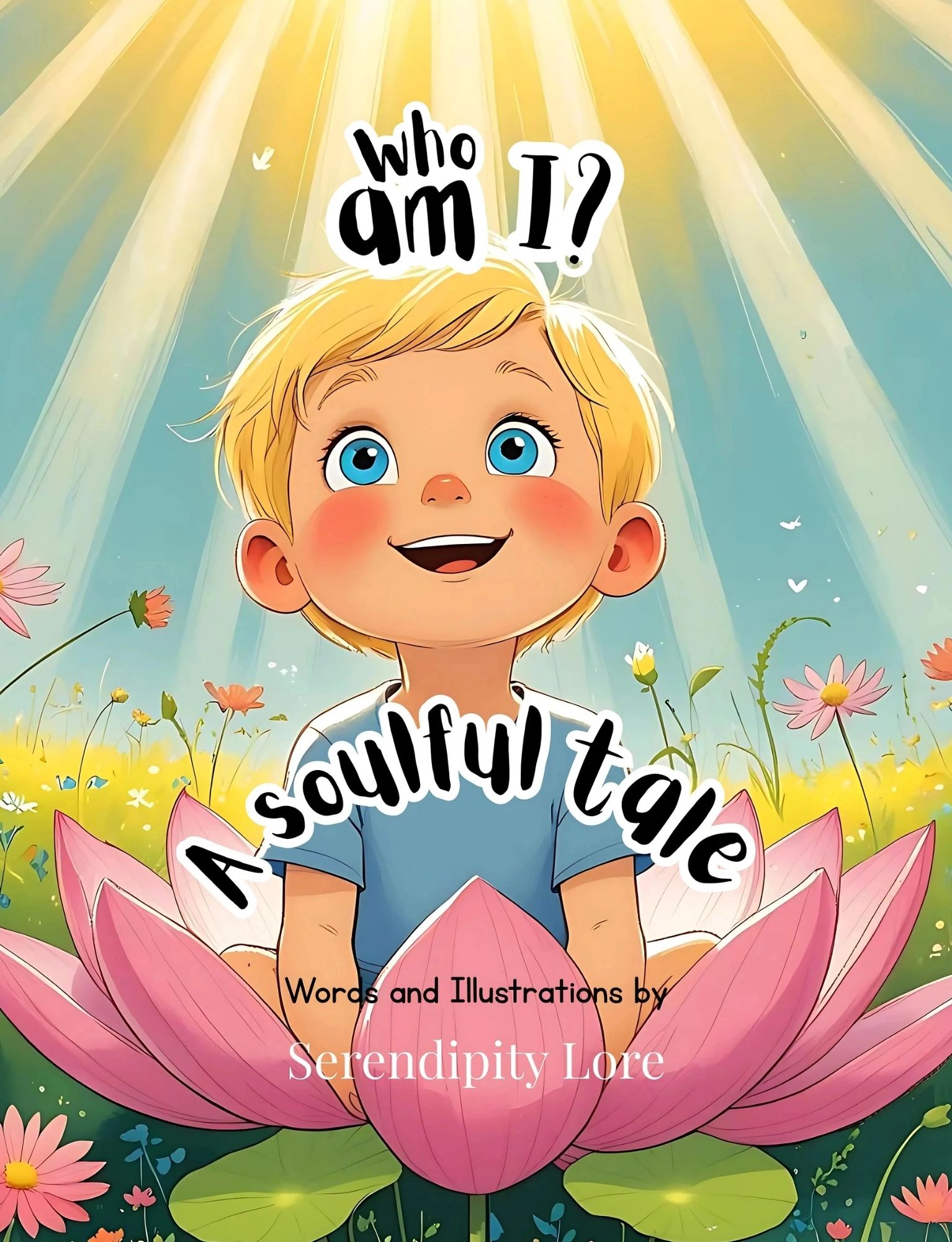 A joyful child sits inside a giant pink lotus under radiant sunbeams.