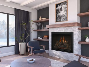 Modern living room with a stone fireplace and cozy seating.