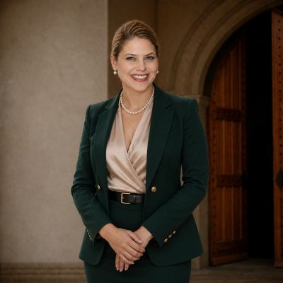 Confident woman in professional attire smiling.