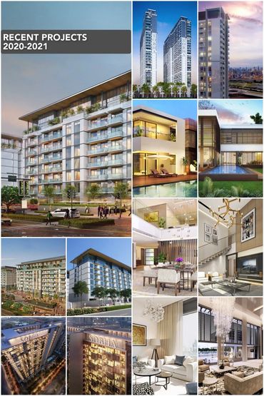Collage of modern residential buildings and luxurious interiors from recent projects 2020-2021.