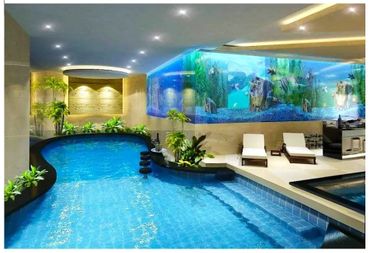Luxurious indoor pool area with an aquarium wall and lounge chairs.