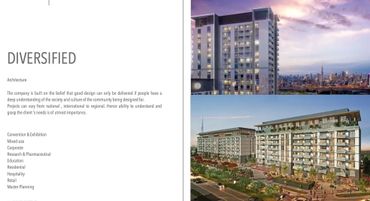 Modern residential and mixed-use buildings with city skyline views at sunset.