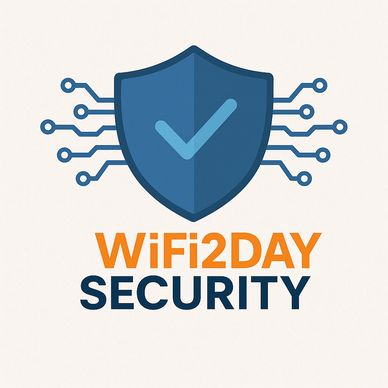 Logo of WiFi2DAY Security featuring a shield with a checkmark and circuit lines.