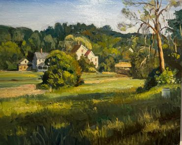 Sunlit countryside with houses and trees.