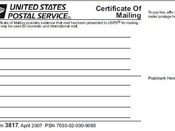 Certificate of mailing form, USPS,