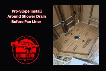 Shower drain and shower pan preparation in a Hurricane Plumbing project.