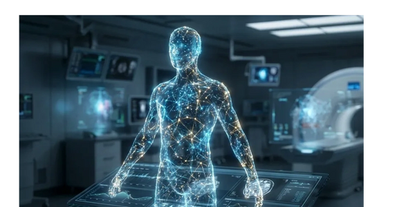 Digital human model with neural network visualization in futuristic medical lab.
