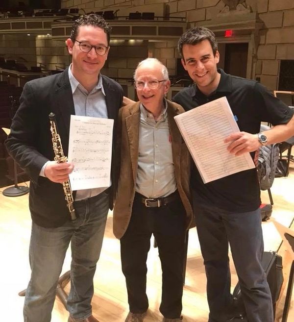 with oboist Erik Behr and conductor Ward Stare at rehearsal of Oboe Concerto (2018)