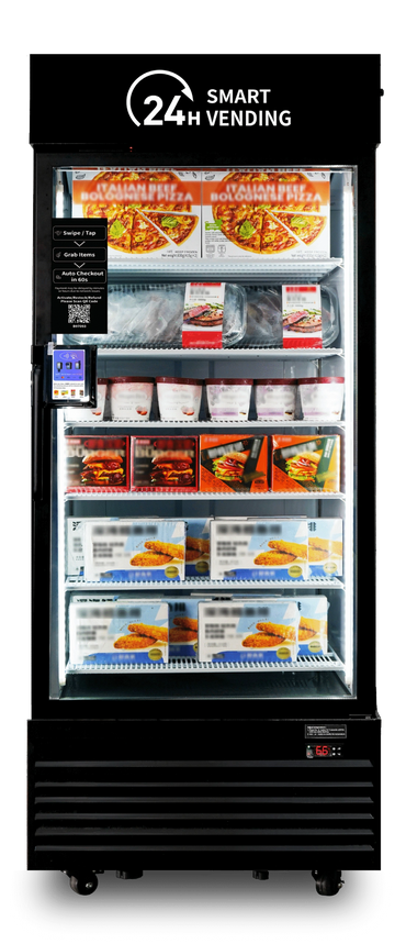 24H smart vending machine stocked with frozen foods like pizza, burgers, and ice cream.