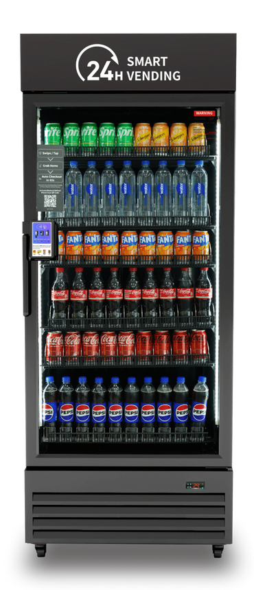 A 24-hour smart vending machine stocked with various sodas and water bottles.