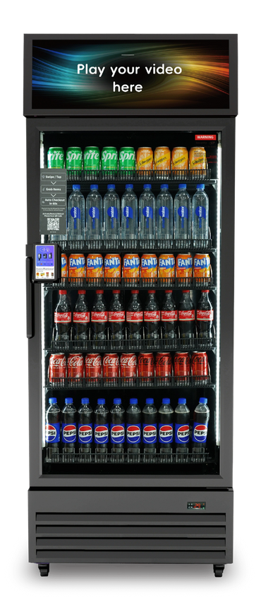 Beverage fridge stocked with Sprite, Schweppes, water, Fanta, Coca-Cola, and Pepsi.