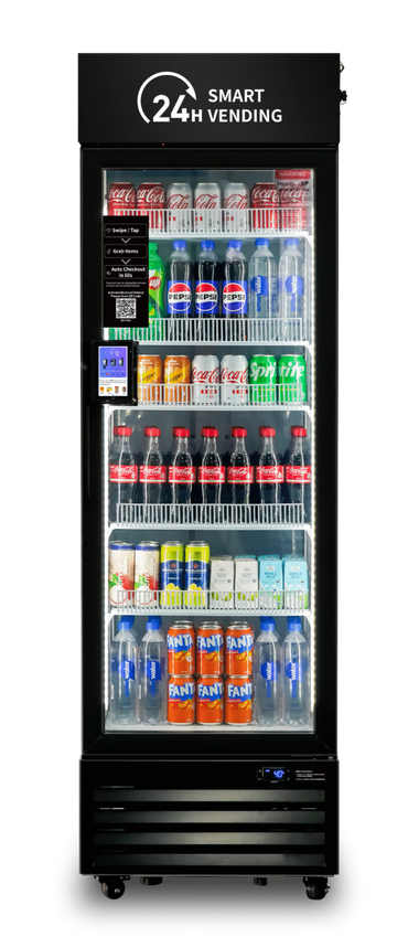 Modern smart vending machine stocked with various beverages including Coca-Cola, Pepsi, and water.
