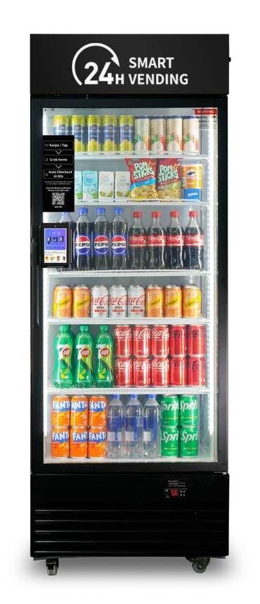 A smart vending machine stocked with various beverages and snacks.