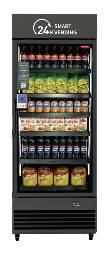 A smart vending machine stocked with drinks and snacks, available 24/7.