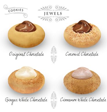 Cookies with dark chocolate, Coconut Chocolate cookies, Ginger and white chocolate cookies, Cinnamon