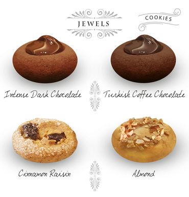 Intense Dark Chocolate cookies, Cinnamon Raisin Cookies, Turkish Coffee Chocolate Cookies, Almond Co
