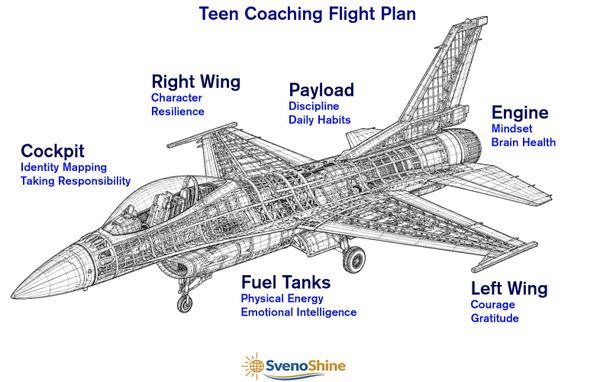 Diagram of a fighter jet illustrating components of teen coaching.