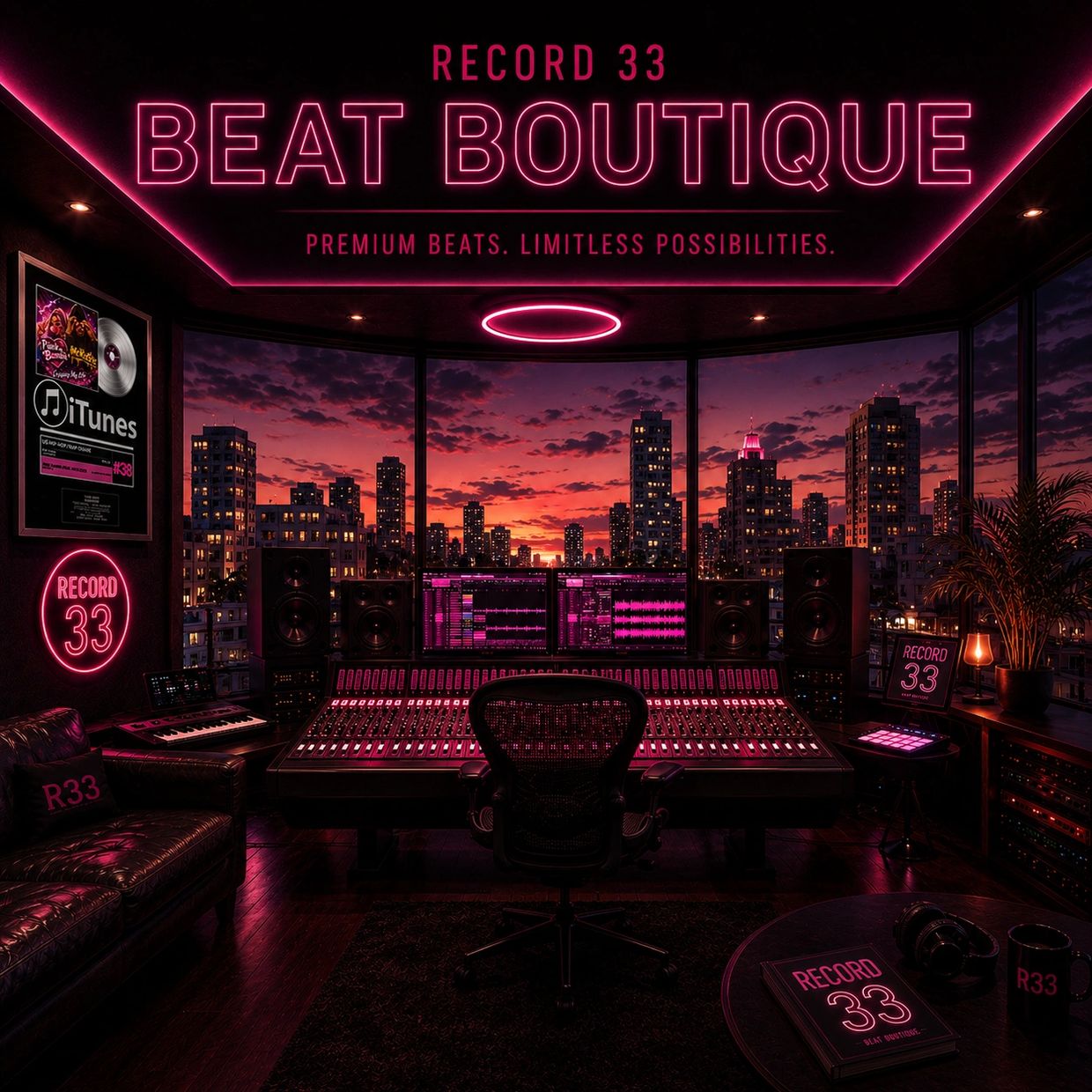 Music studio with neon pink lighting and city sunset view.