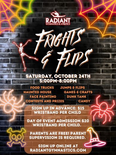 Halloween event flyer for Radiant Gymnastics & Athletics.