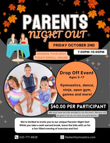Flyer for Parents Night Out event on October 2nd featuring gymnastics and fun activities.
